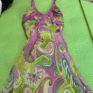 Green & purple halter long dress with beading Sz 4